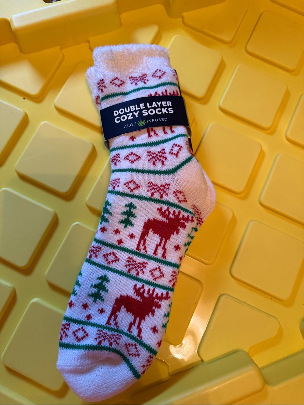Double Layer Cozy Socks - White with Red & Green Holiday Pattern